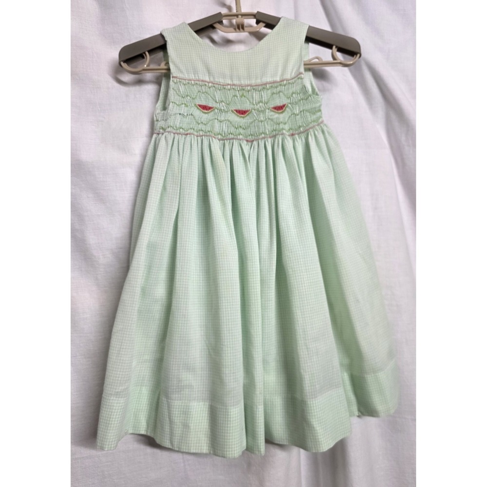 Hand Smocked Girls Sundress Mint Green Gingham Watermelon Toddler 3T 4T